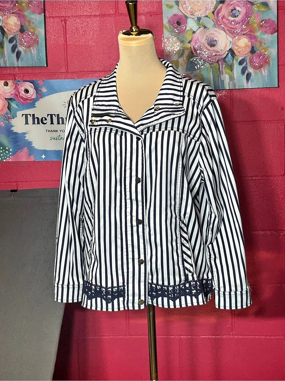 Chico's Striped Utility Jacket in White & Blue Size 2